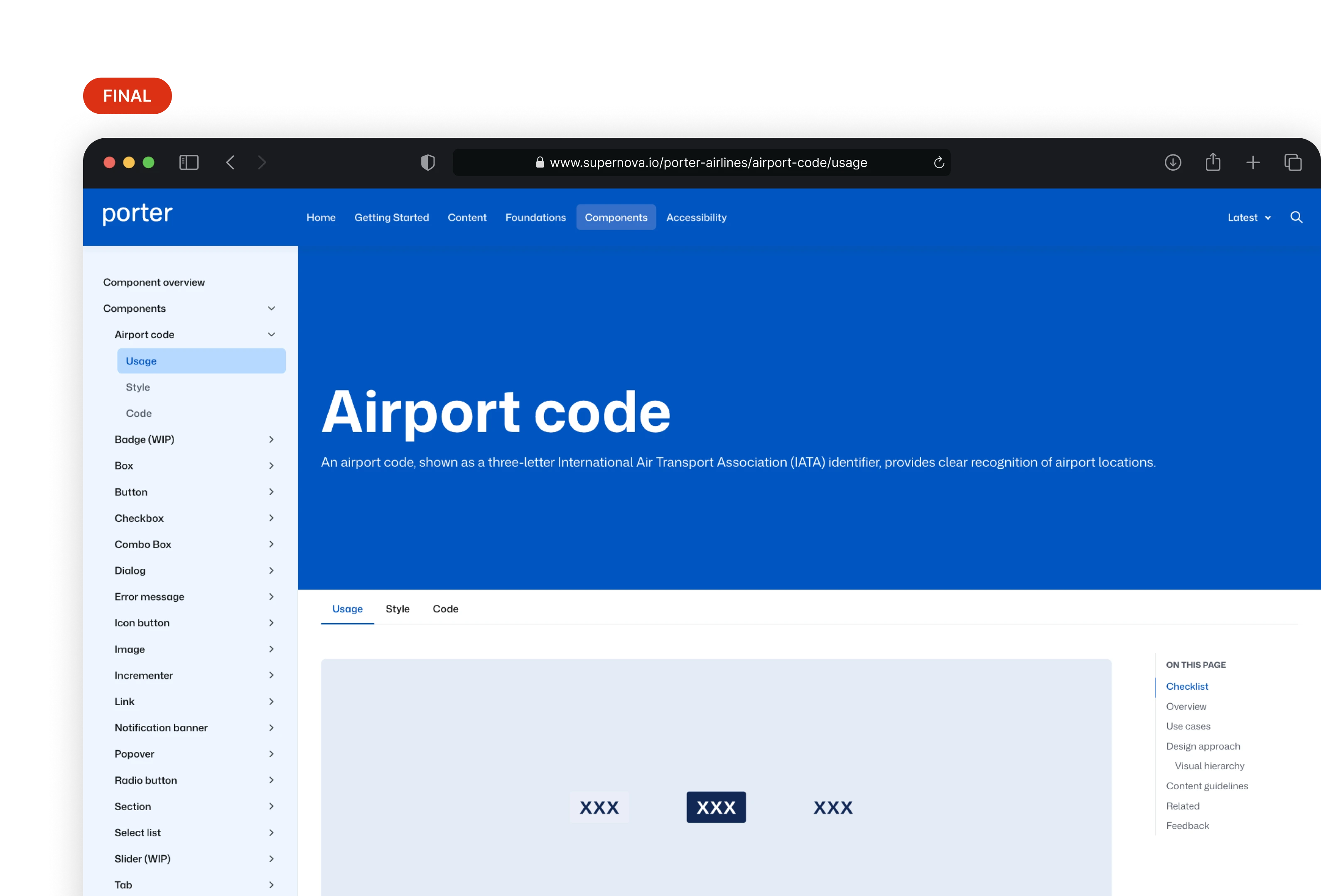 Supernova documentation showing component intent, states, and accessibility notes