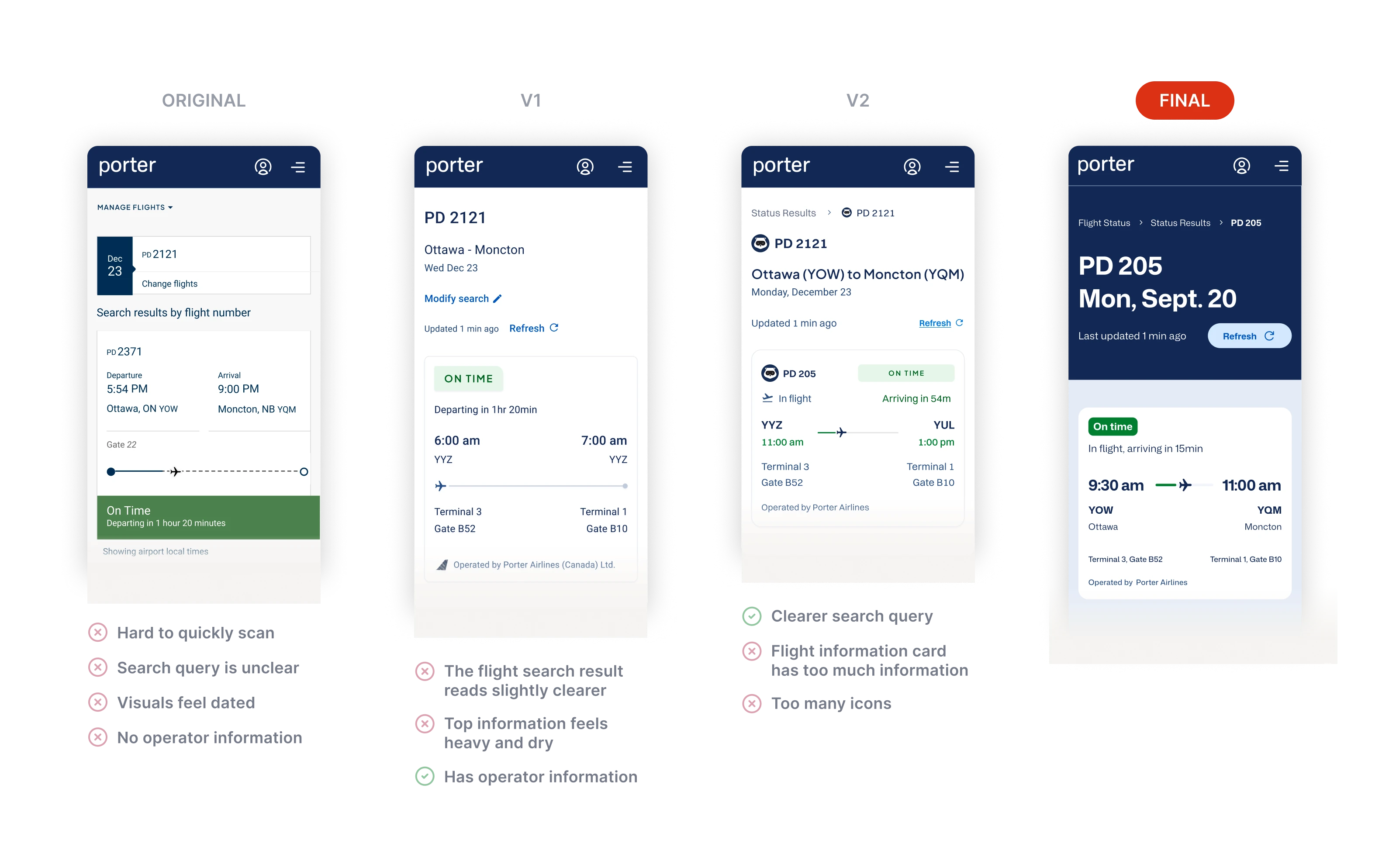 Redesigned Flight Status — status and timing at top, color-coded progress bar