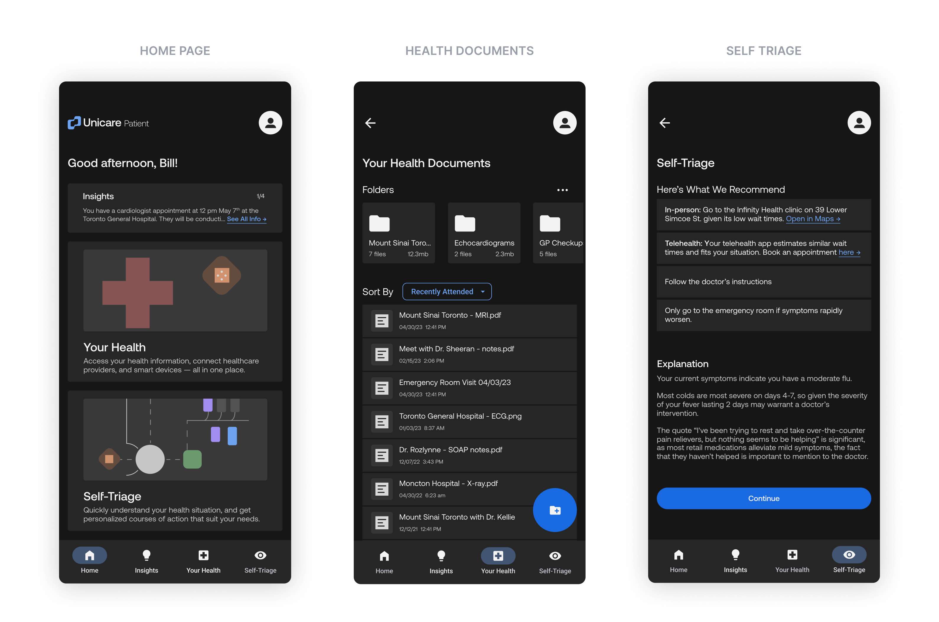 Patient portal — self-triage flow from symptoms to recommended care pathway